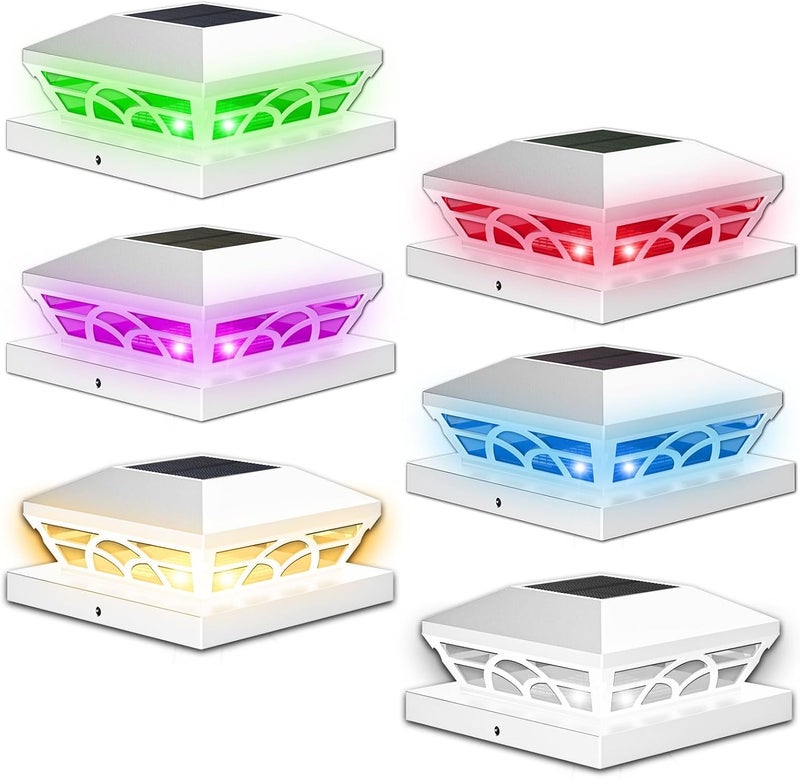 T-SUN Solar Post Cap Lights 6 Pack – Outdoor Waterproof RGB Color Changing Light for 3.5x3.5 4x4 5x5 5.5x5.5 Wood/Vinyl Fence Posts, Solar Deck Lights for Patio, Garden, Porch(White) - Image 1